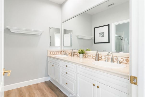 Bathroom, Dual Sink Vanities, Interior, Tile Countertops, Wood Texture Flooring