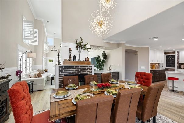 Dining room, Fireplace, Interior, Kitchen, Living room, Pendant Lights, Recessed Lighting, Wood Texture Flooring