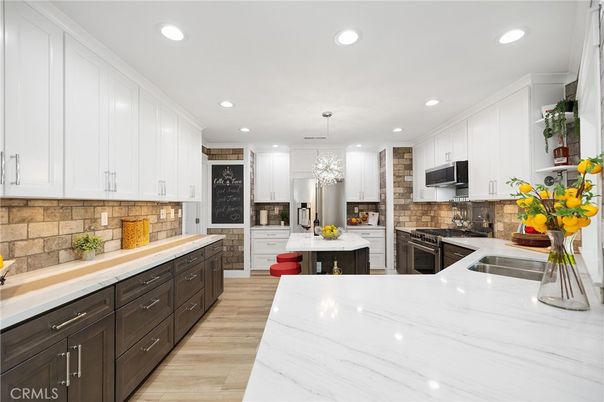 Interior, Kitchen, Pendant Lights, Recessed Lighting, Stainless Steel Appliances, Wood Texture Flooring
