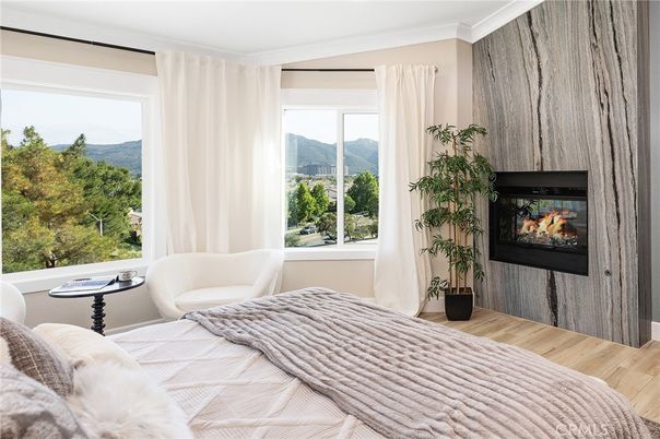 Bedroom, Fireplace, Interior, Wood Texture Flooring