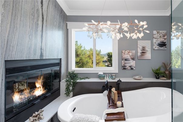 Bathroom, Fireplace, Interior, Pendant Lights