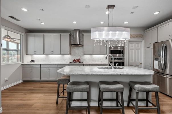Interior, Kitchen, Pendant Lights, Recessed Lighting, Stainless Steel Appliances, Wood Texture Flooring