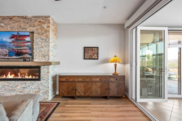 Fireplace, Interior, Recessed Lighting, Stone Walls, Wood Texture Flooring