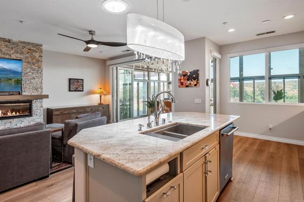 Fireplace, Interior, Kitchen, Recessed Lighting, Stone Walls, Wood Texture Flooring