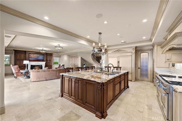 Chandelier, Fireplace, Interior, Kitchen, Living room, Recessed Lighting