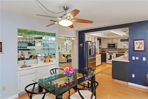 Dining room, Interior, Kitchen, Recessed Lighting, Stainless Steel Appliances, Wood Texture Flooring