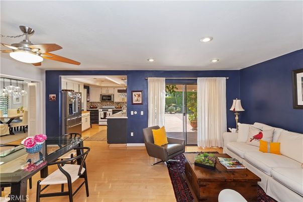 Dining room, Interior, Kitchen, Living room, Pendant Lights, Recessed Lighting, Stainless Steel Appliances, Wood Texture Flooring