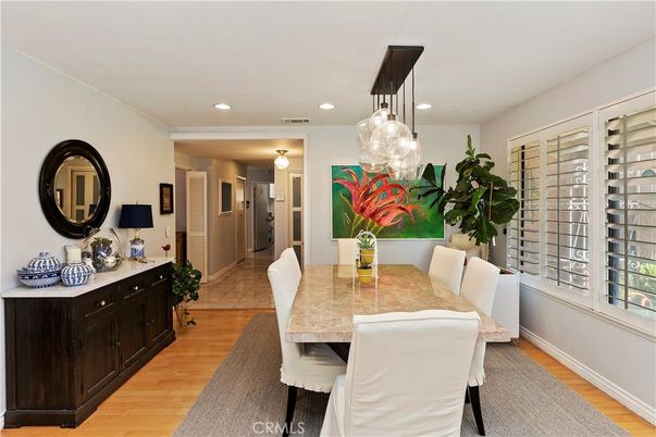 Dining room, Interior, Pendant Lights, Recessed Lighting, Wood Texture Flooring