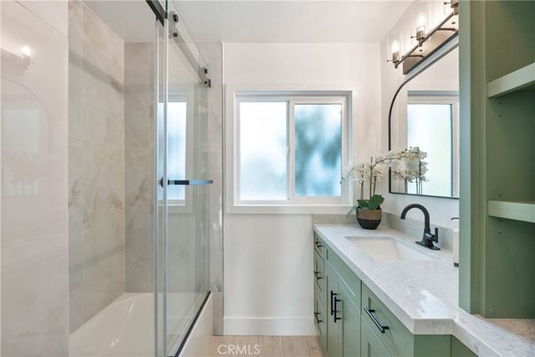 Bathroom, Glass Shower, Interior, Wood Texture Flooring