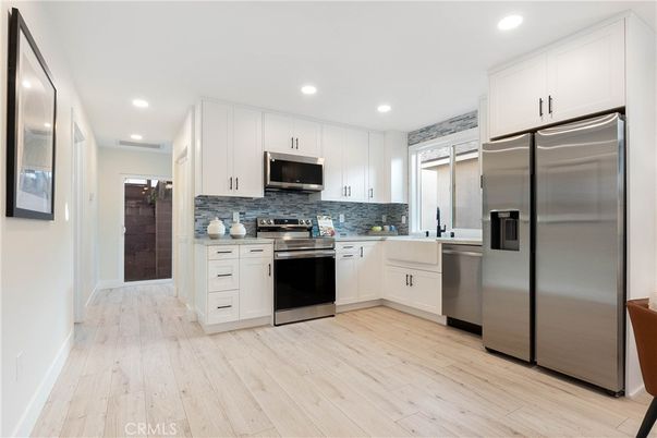 Interior, Kitchen, Recessed Lighting, Stainless Steel Appliances, Wood Texture Flooring