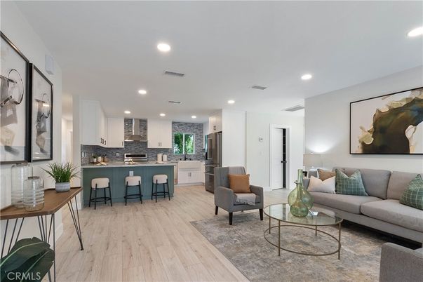 Interior, Kitchen, Living room, Recessed Lighting, Wood Texture Flooring