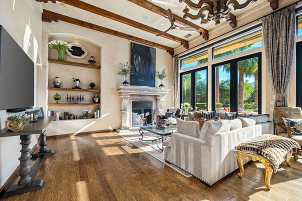 Chandelier, Fireplace, Interior, Living room, Recessed Lighting, Wooden Beams, Wood Texture Flooring