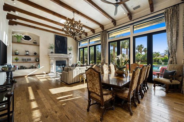 Chandelier, Dining room, Fireplace, Interior, Living room, Wooden Beams, Wood Texture Flooring