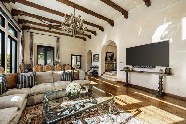 Chandelier, Interior, Living room, Recessed Lighting, Wooden Beams, Wood Texture Flooring