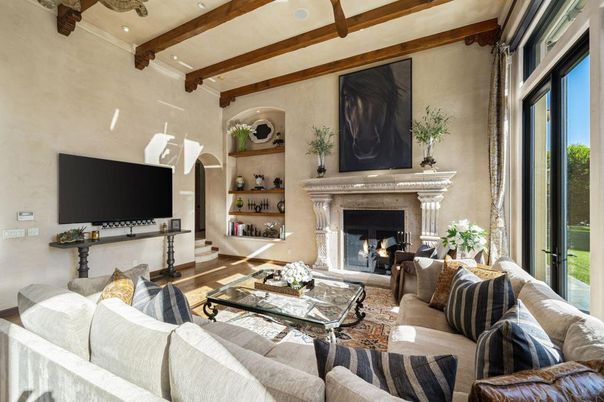 Fireplace, Interior, Living room, Recessed Lighting, Wooden Beams, Wood Texture Flooring