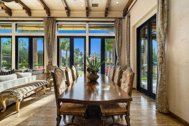 Dining room, Interior, Recessed Lighting, Wooden Beams, Wood Texture Flooring