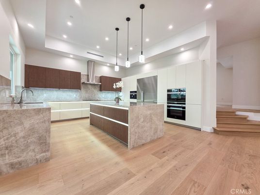 Interior, Kitchen, Pendant Lights, Recessed Lighting, Stainless Steel Appliances, Wood Texture Flooring