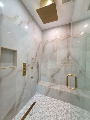 Bathroom, Glass Shower, Interior, Marble Walls, Recessed Lighting