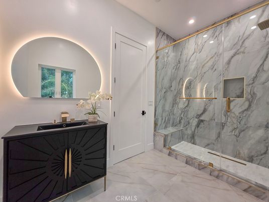 Bathroom, Glass Shower, Interior, Marble, Marble Walls, Recessed Lighting