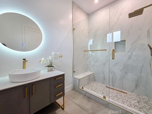 Bathroom, Glass Shower, Interior, Marble Walls, Recessed Lighting