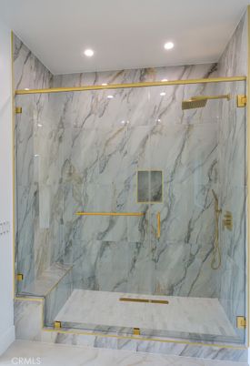 Bathroom, Glass Shower, Interior, Marble Walls, Recessed Lighting