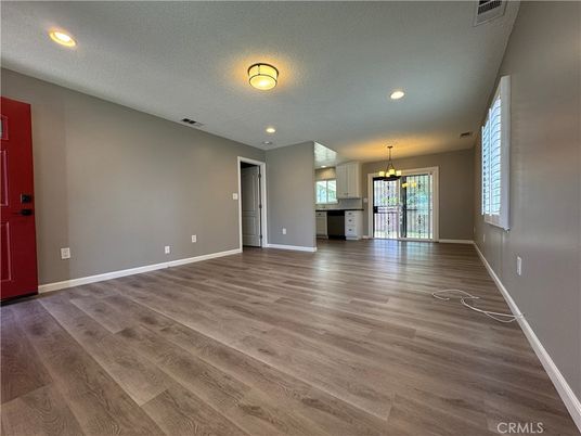 Chandelier, Empty room, Interior, Kitchen, Recessed Lighting, Wood Texture Flooring