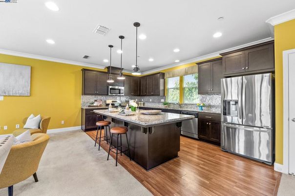 Interior, Kitchen, Pendant Lights, Recessed Lighting, Stainless Steel Appliances, Wood Texture Flooring
