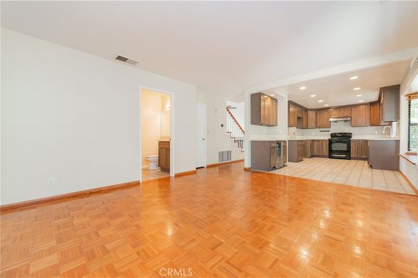 Empty room, Interior, Kitchen, Recessed Lighting, Wood Texture Flooring