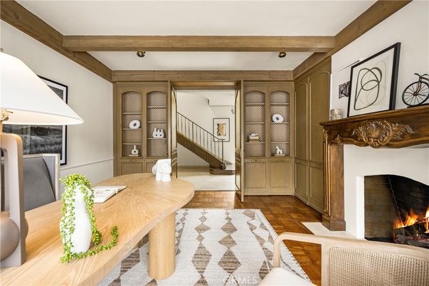 Fireplace, Home Office, Interior, Wooden Beams, Wood Texture Flooring