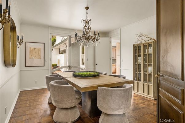 Chandelier, Dining room, Interior, Wood Texture Flooring