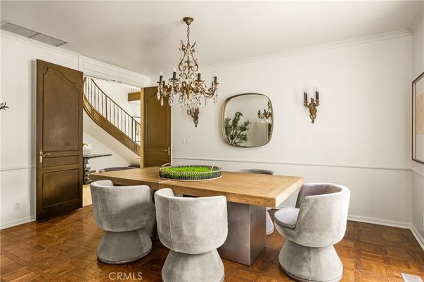 Chandelier, Dining room, Interior, Wood Texture Flooring