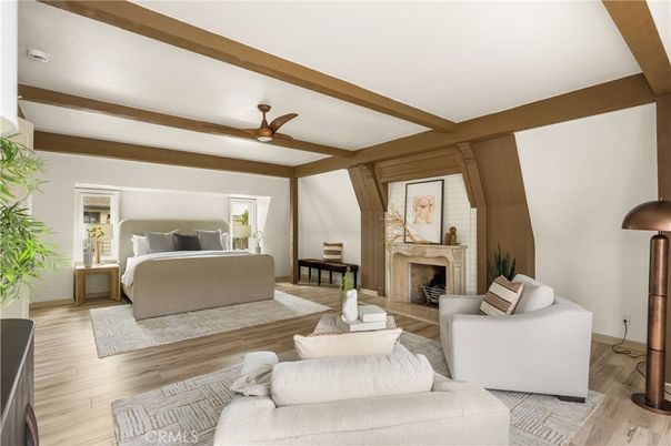 Bedroom, Fireplace, Interior, Living room, Wooden Beams, Wood Texture Flooring