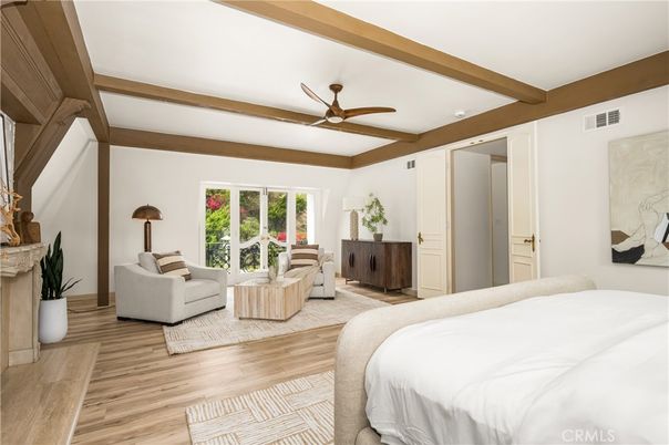 Bedroom, Fireplace, Interior, Wooden Beams, Wood Texture Flooring