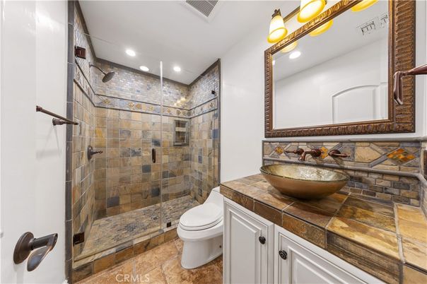Bathroom, Glass Shower, Interior, Recessed Lighting, Tile Countertops