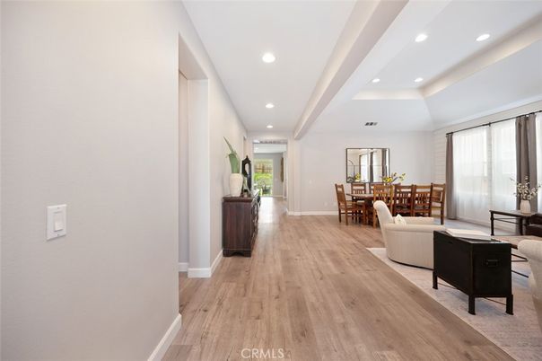 Dining room, Interior, Living room, Recessed Lighting, Wood Texture Flooring