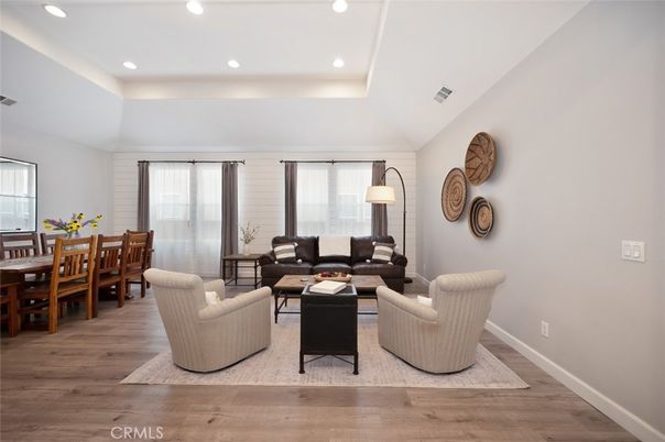 Dining room, Interior, Living room, Recessed Lighting, Wood Texture Flooring