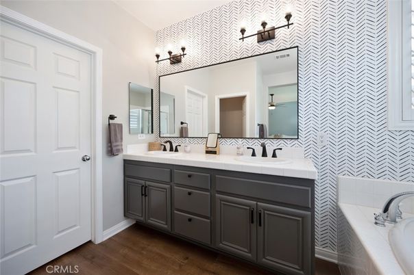 Bathroom, Dual Sink Vanities, Interior, Tile Countertops, Wood Texture Flooring