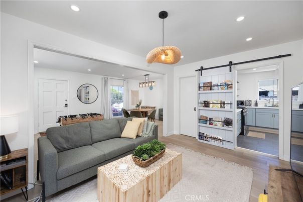 Dining room, Interior, Living room, Pendant Lights, Recessed Lighting, Wood Texture Flooring