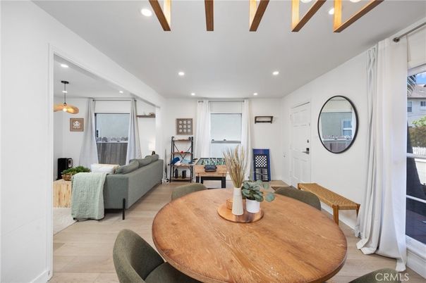 Dining room, Interior, Living room, Pendant Lights, Recessed Lighting, Wood Texture Flooring