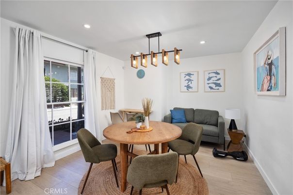 Dining room, Interior, Pendant Lights, Recessed Lighting, Wood Texture Flooring