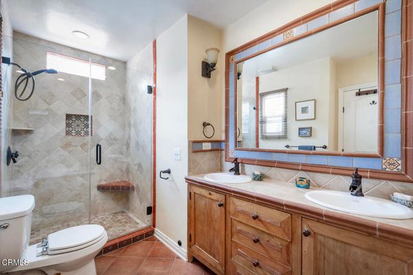 Bathroom, Dual Sink Vanities, Glass Shower, Interior, Recessed Lighting, Tile Countertops