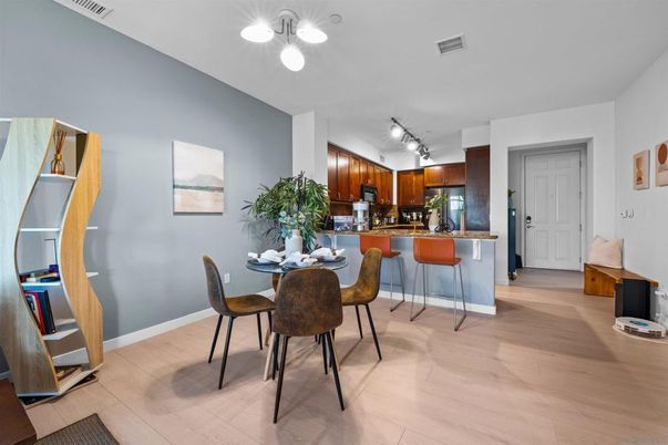 Dining room, Interior, Kitchen, Pendant Lights, Wood Texture Flooring