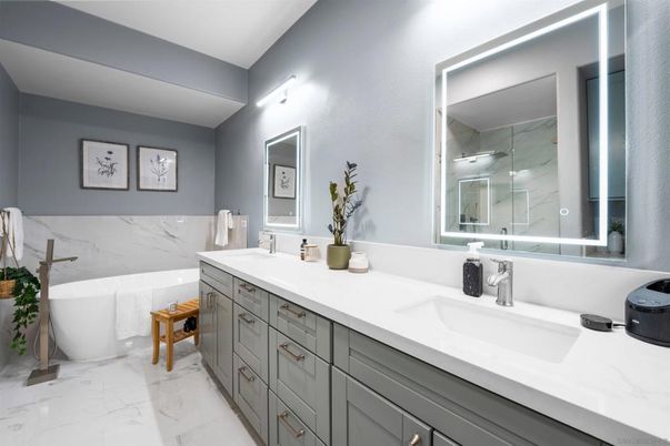 Bathroom, Dual Sink Vanities, Free Standing Baths, Interior, Marble, Marble Walls