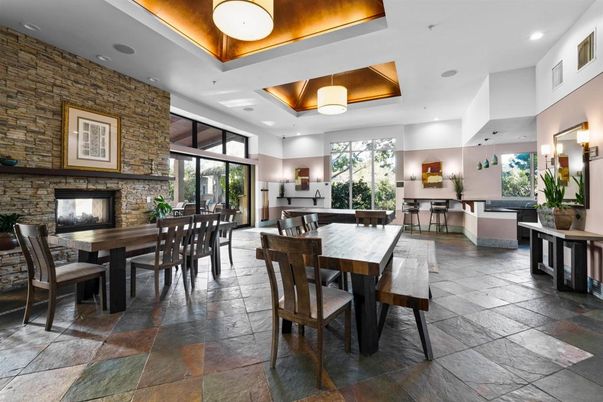 Dining room, Fireplace, Interior, Recessed Lighting, Stone Walls