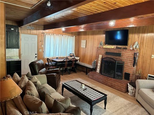 Dining room, Fireplace, Interior, Living room, Wooden Beams, Wooden Ceilings, Wood Texture Flooring, Wooden Walls