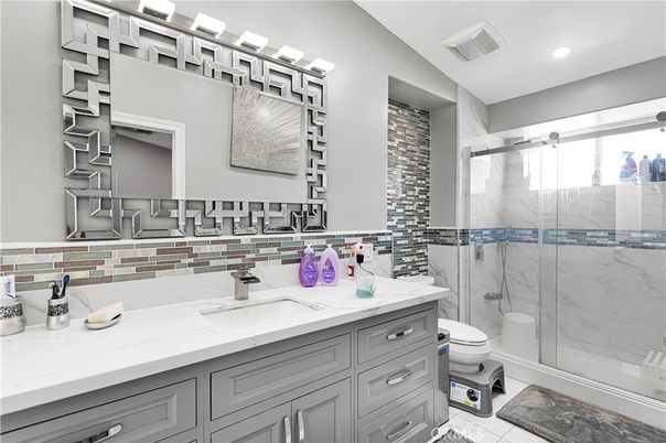 Bathroom, Glass Shower, Interior, Marble Walls, Recessed Lighting