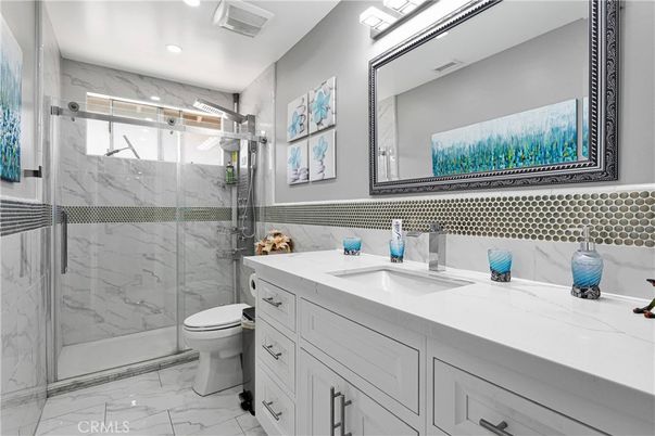 Bathroom, Glass Shower, Interior, Marble, Marble Walls, Recessed Lighting