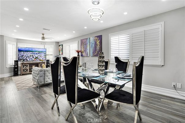 Dining room, Interior, Recessed Lighting, Wood Texture Flooring