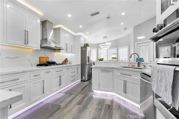 Interior, Kitchen, Pendant Lights, Recessed Lighting, Stainless Steel Appliances, Wood Texture Flooring
