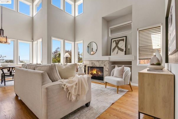 Dining room, Fireplace, Interior, Living room, Pendant Lights, Wood Texture Flooring